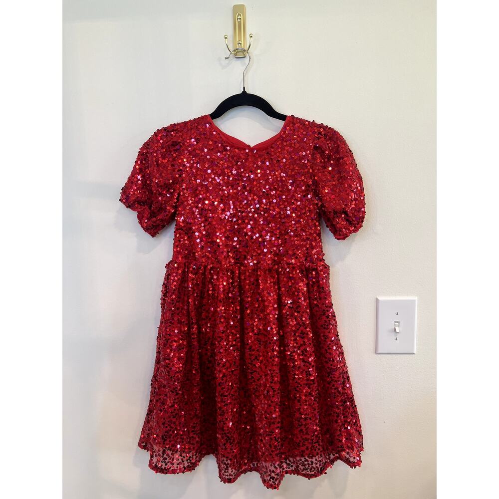 Cat & Jack Red Sequin Party Dress Puff Sleeve Girls Size L 10/12